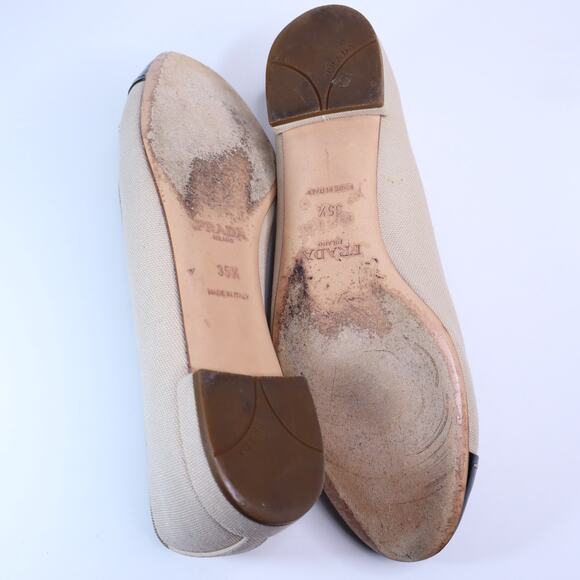 PRADA Cap Toe Ballet Flats Beige and Black Canvas Leather Women's 35.5/US 5.5 - Picture 6 of 7